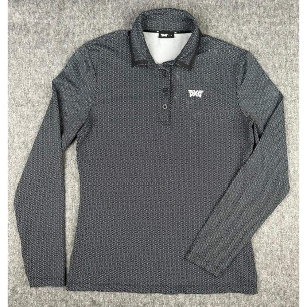 PXG Womens Long Sleeve Golf Polo Shirt Black White Geometric Diamond Size S